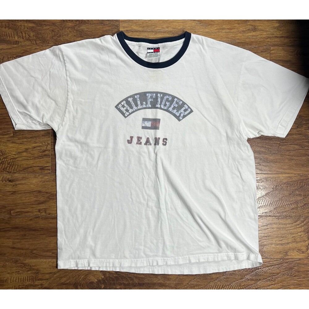 Tommy Hilfiger 90s Spell Out Flag Logo Graphic Ringer Tee Shirt XXL Vintage